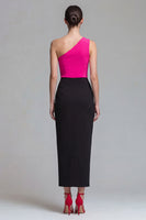 Load image into Gallery viewer, Fuchsia and Black Patchwork One Shoulder Long Formal Dress