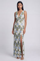 Load image into Gallery viewer, Green V-Neck Floral Sheath Long Formal Dress with Slit