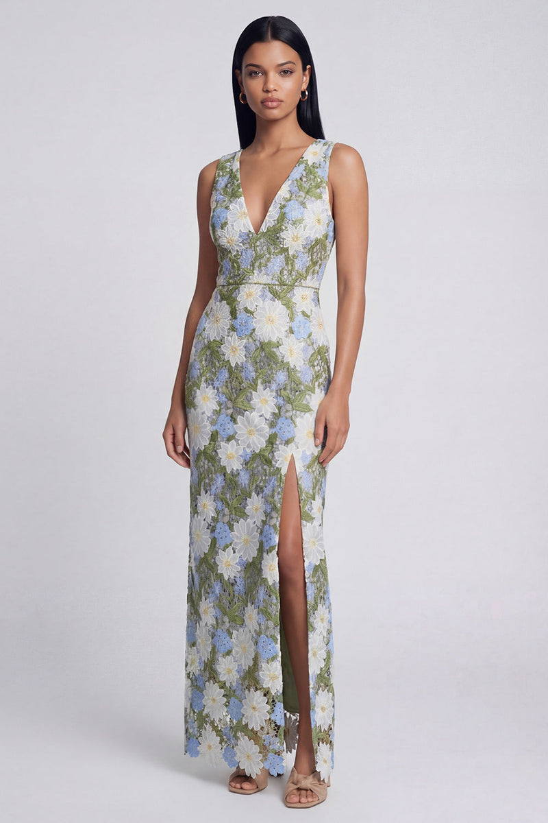 Load image into Gallery viewer, Green V-Neck Floral Sheath Long Formal Dress with Slit