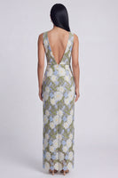 Load image into Gallery viewer, Green V-Neck Floral Sheath Long Formal Dress with Slit