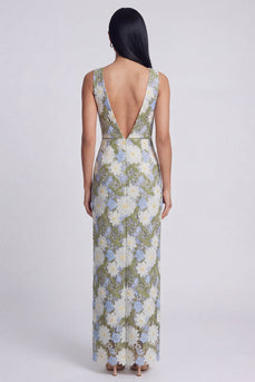 Green V-Neck Floral Sheath Long Formal Dress with Slit