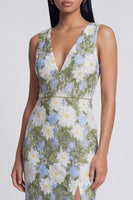 Load image into Gallery viewer, Green V-Neck Floral Sheath Long Formal Dress with Slit