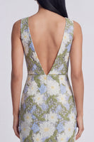 Load image into Gallery viewer, Green V-Neck Floral Sheath Long Formal Dress with Slit