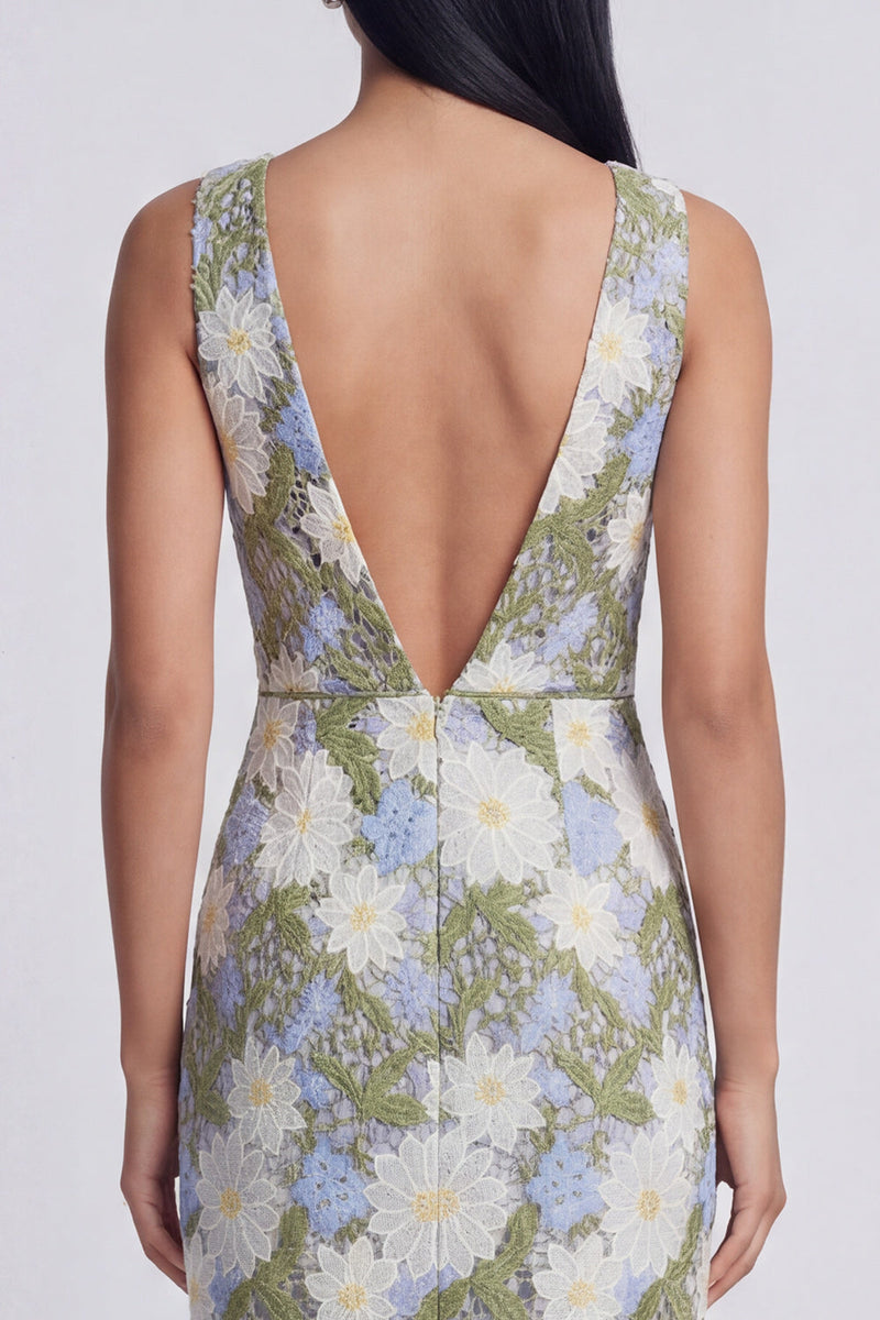 Load image into Gallery viewer, Green V-Neck Floral Sheath Long Formal Dress with Slit