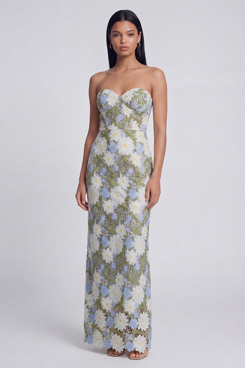 Load image into Gallery viewer, Green Floral Strapless Sheath Long Formal Dress