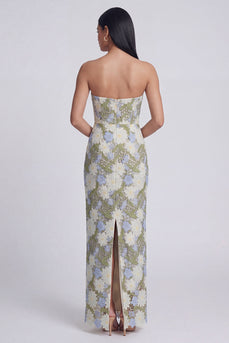 Green Floral Strapless Sheath Long Formal Dress