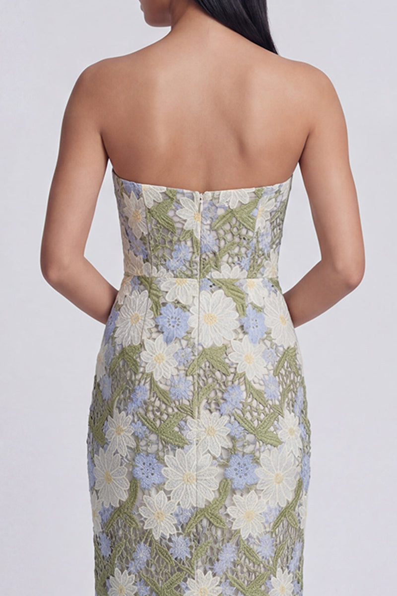 Load image into Gallery viewer, Green Floral Strapless Sheath Long Formal Dress