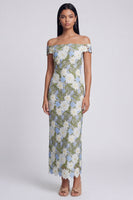 Load image into Gallery viewer, Green Floral Off the Shoulder Sheath Long Formal Dress