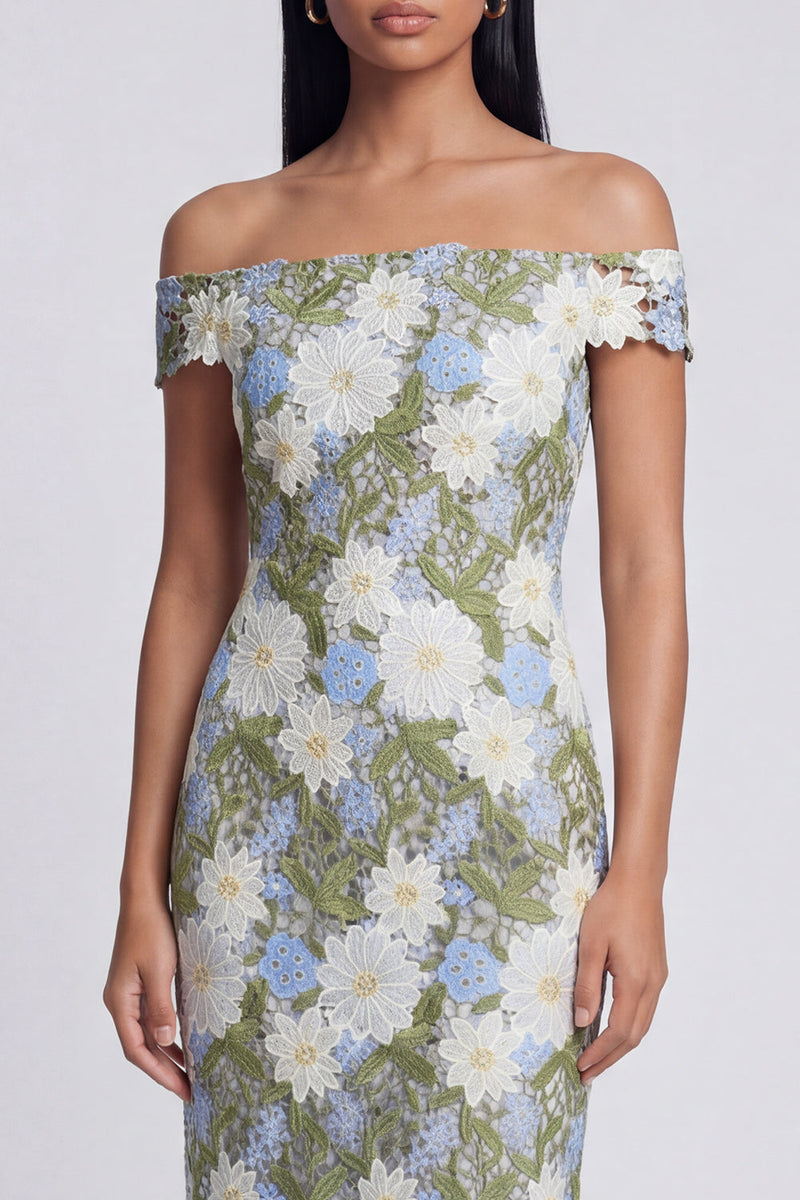 Load image into Gallery viewer, Green Floral Off the Shoulder Sheath Long Formal Dress