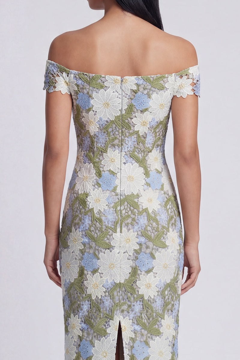 Load image into Gallery viewer, Green Floral Off the Shoulder Sheath Long Formal Dress