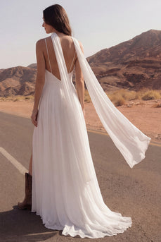 Ivory Spaghetti Straps A Line Long Beach Bridal Dress with Slit