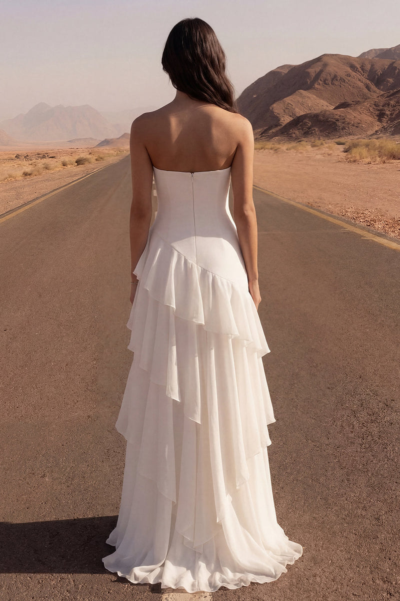 Load image into Gallery viewer, Ivory Strapless A Line Long Beach Bridal Dress with Ruffles