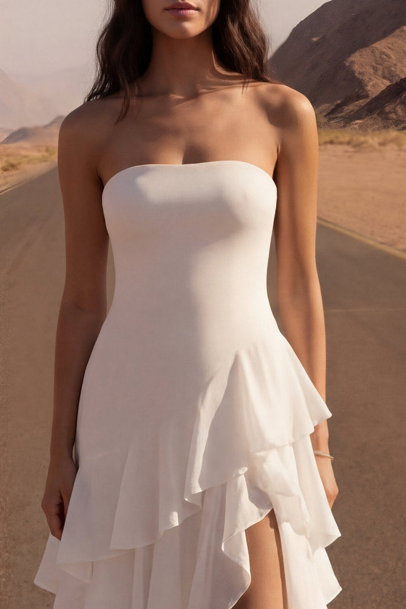 Load image into Gallery viewer, Ivory Strapless A Line Long Beach Bridal Dress with Ruffles