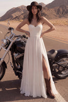 Load image into Gallery viewer, Ivory A Line Strapless Maxi Beach Bridal Dress with Slit