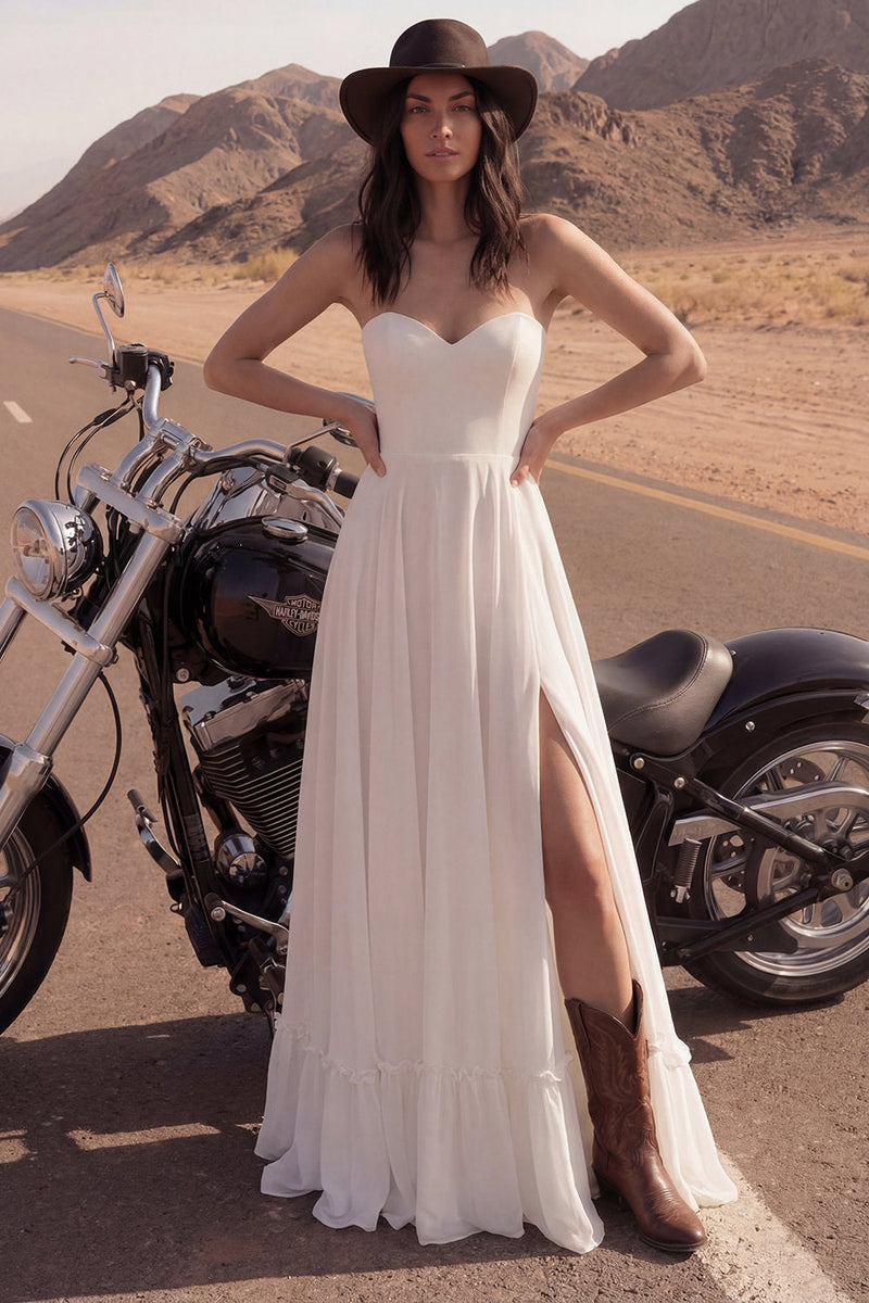Load image into Gallery viewer, Ivory A Line Strapless Maxi Beach Bridal Dress with Slit
