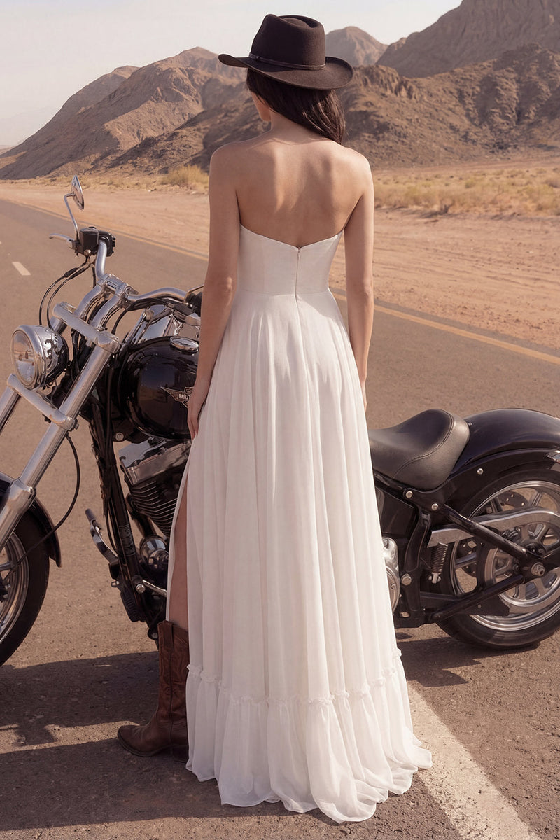 Load image into Gallery viewer, Ivory A Line Strapless Maxi Beach Bridal Dress with Slit