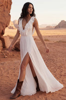 Load image into Gallery viewer, Ivory A Line V-Neck Long Ruffled Beach Bridal Dress with Slit