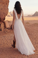 Load image into Gallery viewer, Ivory A Line V-Neck Long Ruffled Beach Bridal Dress with Slit