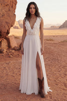 Load image into Gallery viewer, Ivory A Line V-Neck Long Ruffled Beach Bridal Dress with Slit