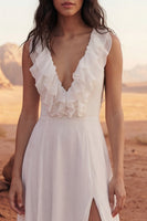 Load image into Gallery viewer, Ivory A Line V-Neck Long Ruffled Beach Bridal Dress with Slit