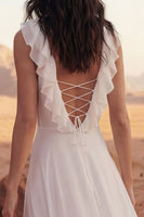 Load image into Gallery viewer, Ivory A Line V-Neck Long Ruffled Beach Bridal Dress with Slit