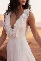 Load image into Gallery viewer, Ivory A Line V-Neck Long Ruffled Beach Bridal Dress with Slit