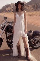 Load image into Gallery viewer, Ivory A Line Spaghetti Straps Beach High-Low Bridal Dress with Ruffles