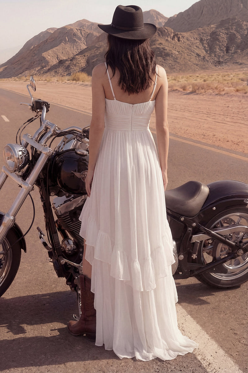 Load image into Gallery viewer, Ivory A Line Spaghetti Straps Beach High-Low Bridal Dress with Ruffles