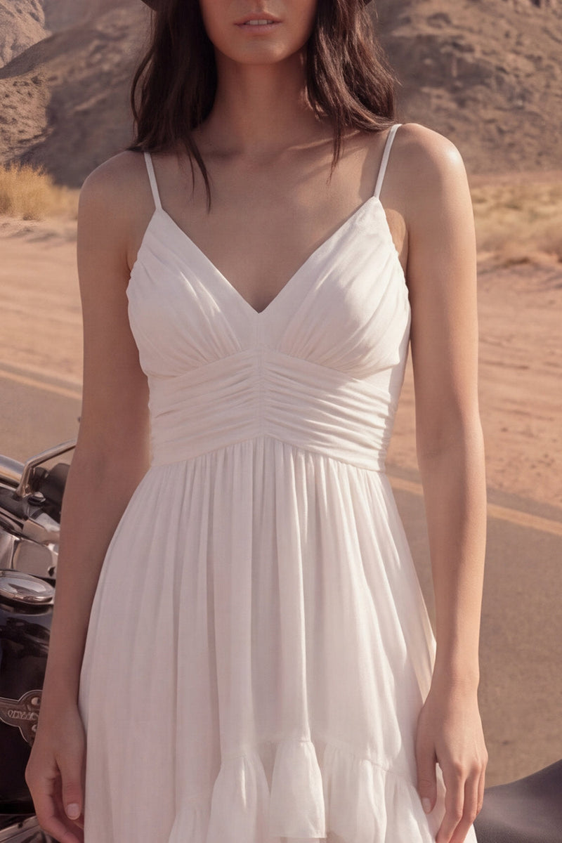 Load image into Gallery viewer, Ivory A Line Spaghetti Straps Beach High-Low Bridal Dress with Ruffles