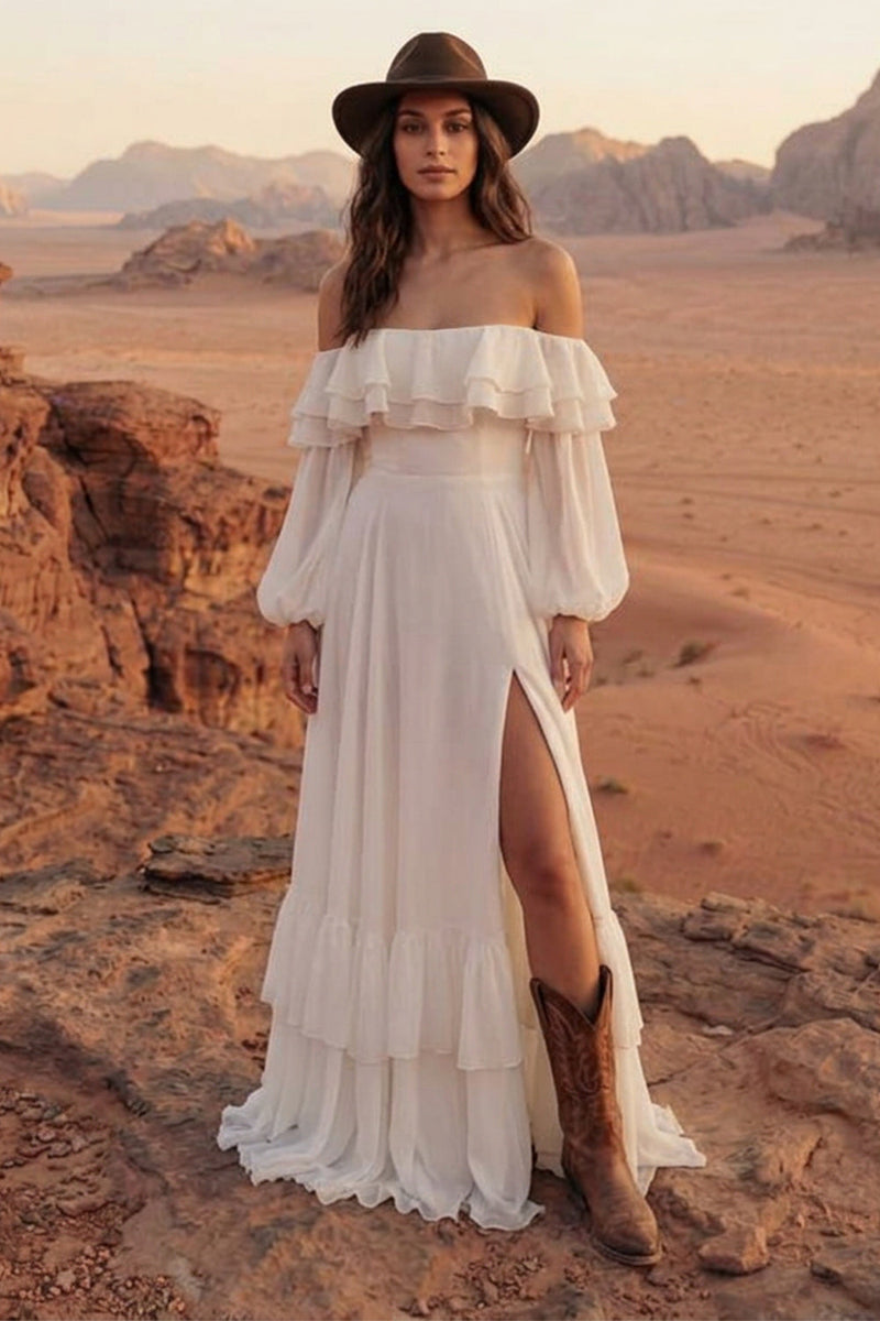 Load image into Gallery viewer, A Line Ivory Long Beach Bridal Dress with Ruffles