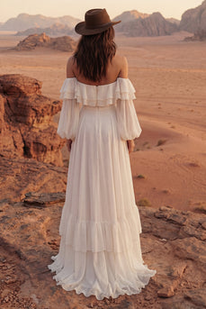 A Line Ivory Long Beach Bridal Dress with Ruffles
