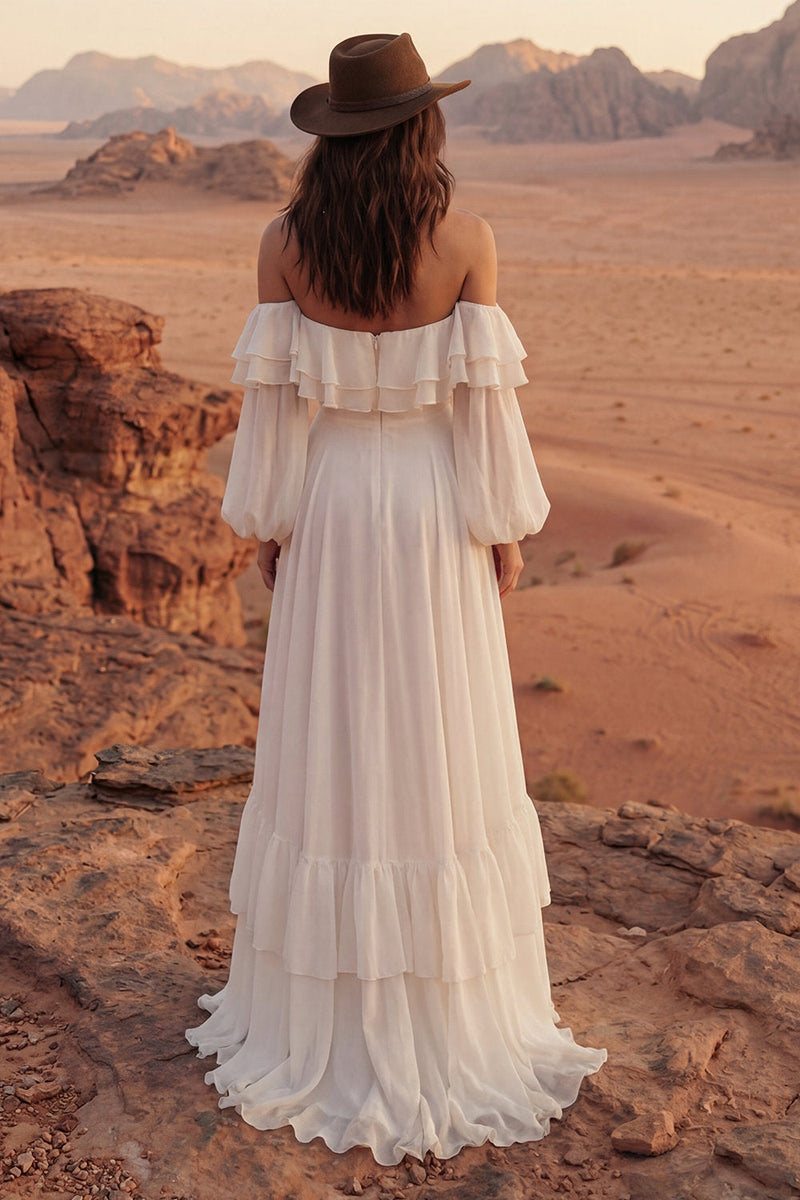 Load image into Gallery viewer, A Line Ivory Long Beach Bridal Dress with Ruffles