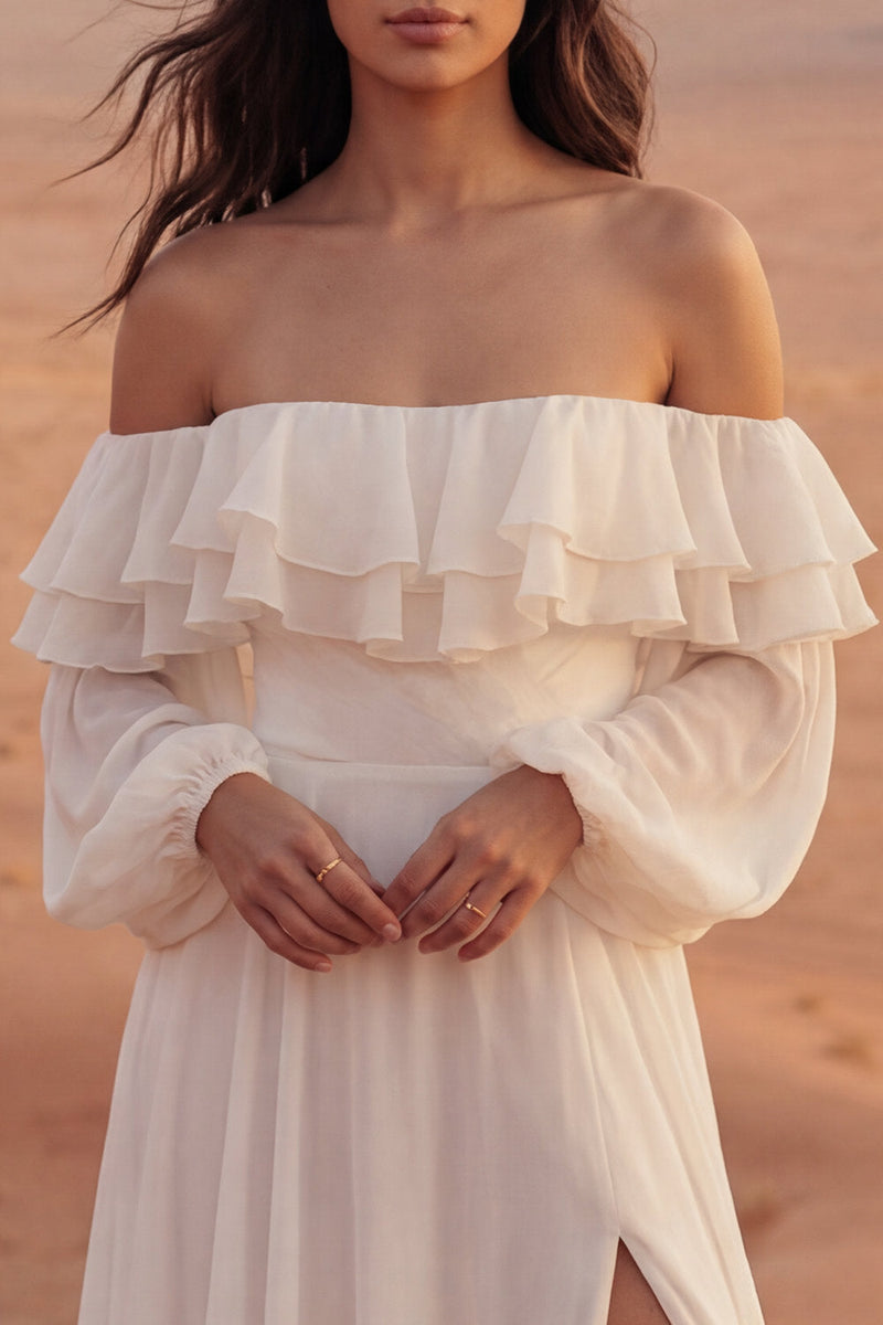 Load image into Gallery viewer, A Line Ivory Long Beach Bridal Dress with Ruffles