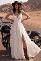 Load image into Gallery viewer, Ivory V-Neck A Line Maxi Beach Bridal Dress with Ruffles