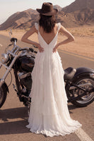 Load image into Gallery viewer, Ivory V-Neck A Line Maxi Beach Bridal Dress with Ruffles