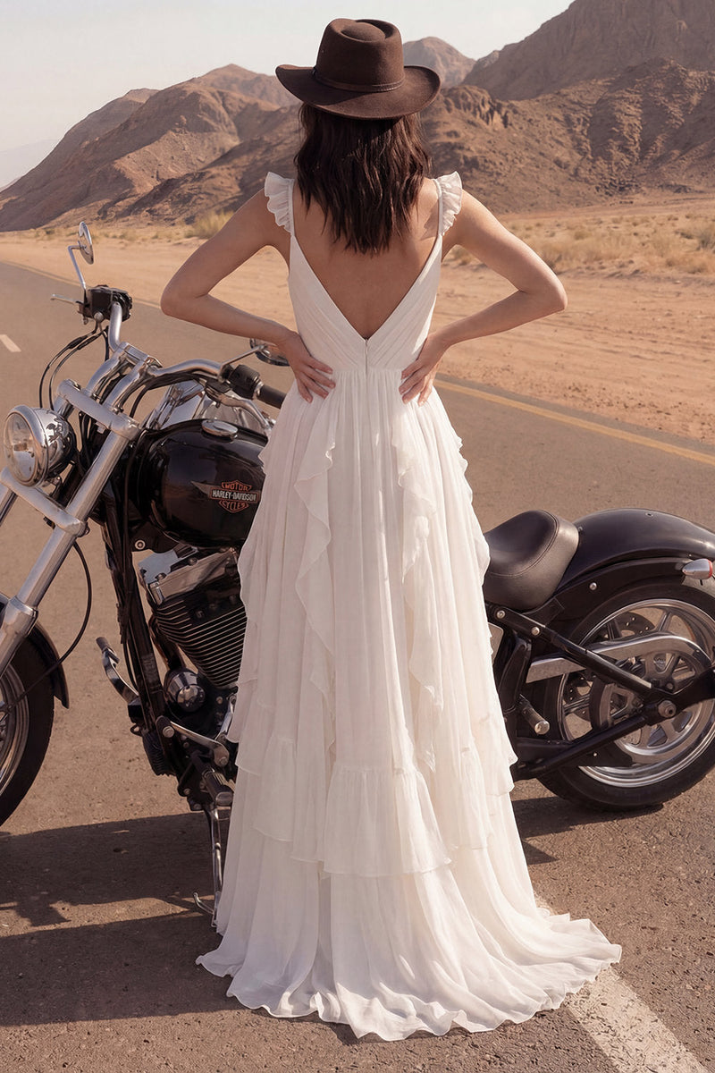 Load image into Gallery viewer, Ivory V-Neck A Line Maxi Beach Bridal Dress with Ruffles