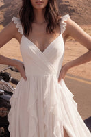 Load image into Gallery viewer, Ivory V-Neck A Line Maxi Beach Bridal Dress with Ruffles