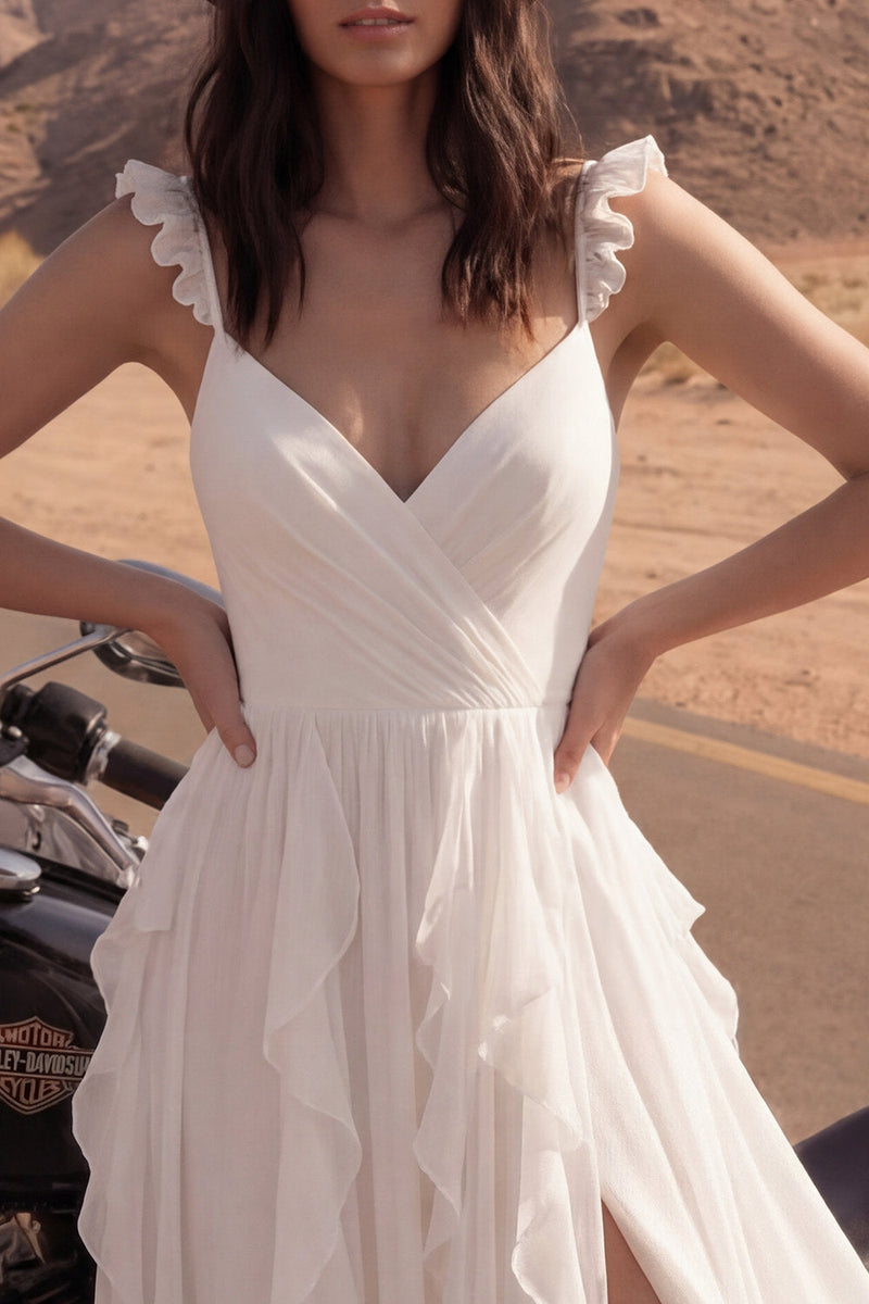 Load image into Gallery viewer, Ivory V-Neck A Line Maxi Beach Bridal Dress with Ruffles