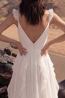 Load image into Gallery viewer, Ivory V-Neck A Line Maxi Beach Bridal Dress with Ruffles