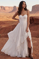 Load image into Gallery viewer, Ivory A Line Spaghetti Straps Maxi Beach Wedding Dress with Ruffles