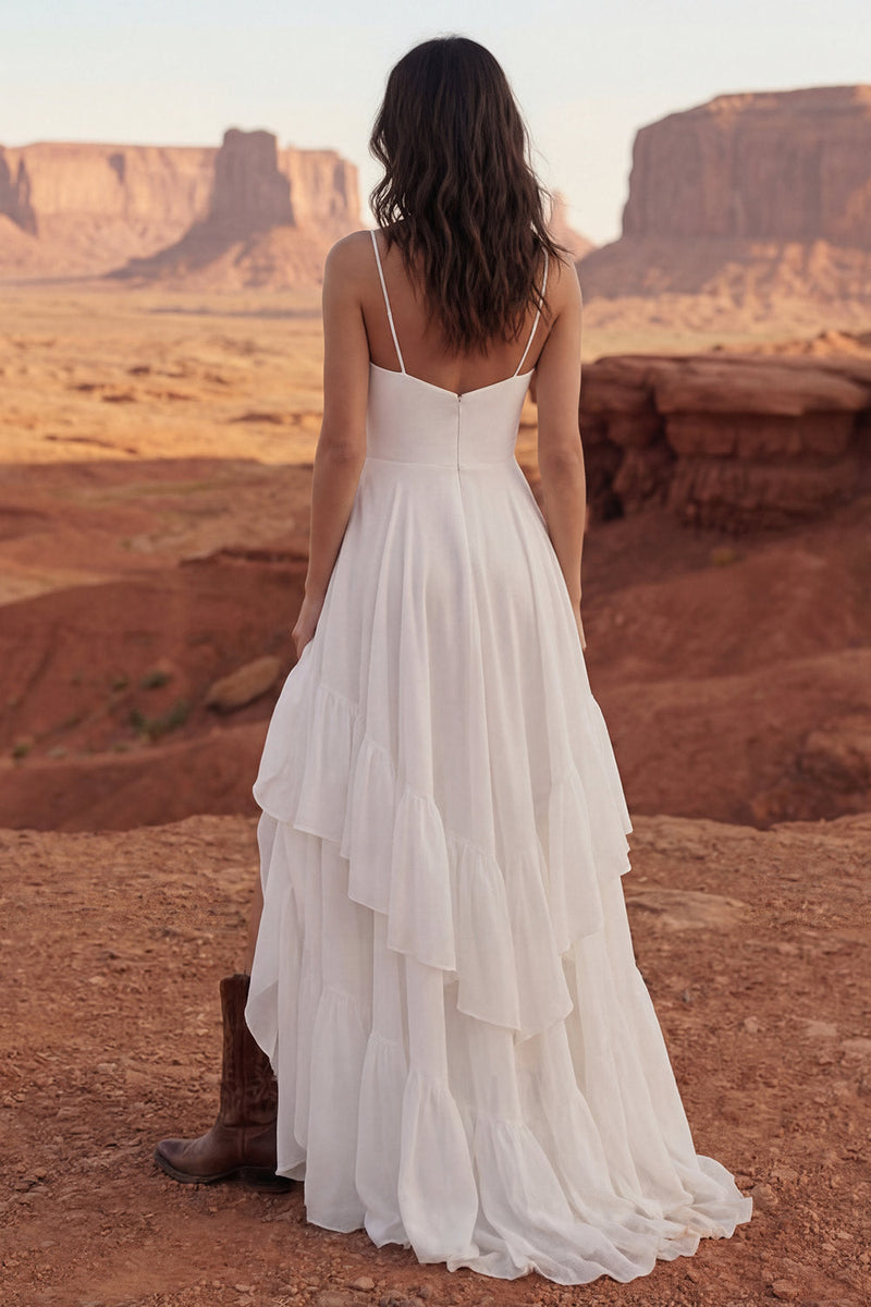 Load image into Gallery viewer, Ivory A Line Spaghetti Straps Maxi Beach Wedding Dress with Ruffles