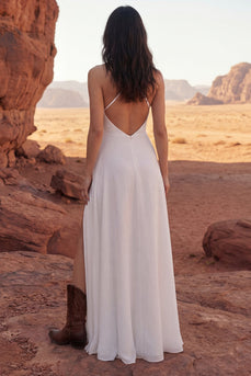 Ivory Long A Line Halter Backless Beach Bridal Dress with Slit
