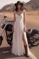Load image into Gallery viewer, Ivory Lace A Line V-Neck Beach Bridal Dress with Slit