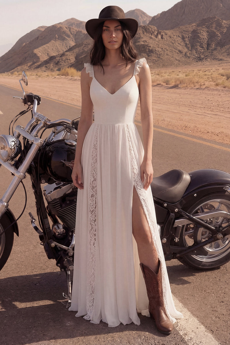 Load image into Gallery viewer, Ivory Lace A Line V-Neck Beach Bridal Dress with Slit