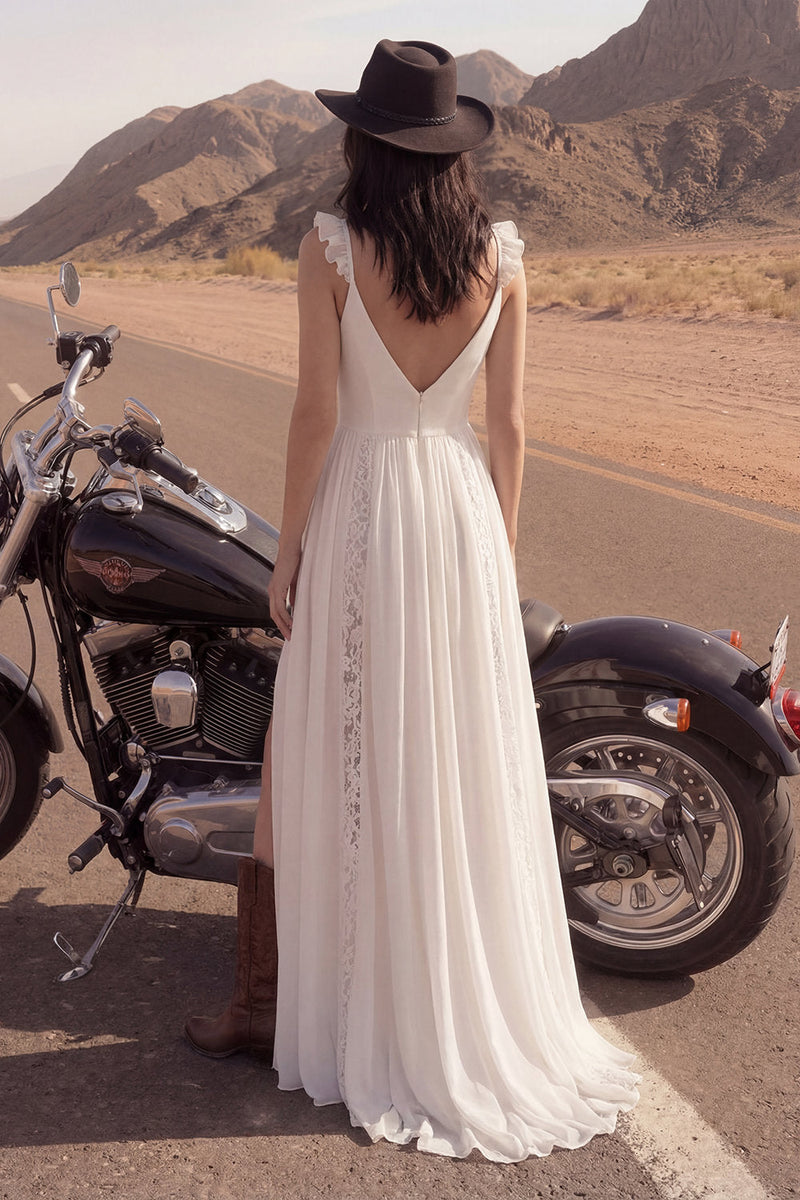 Load image into Gallery viewer, Ivory Lace A Line V-Neck Beach Bridal Dress with Slit