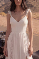 Load image into Gallery viewer, Ivory Lace A Line V-Neck Beach Bridal Dress with Slit