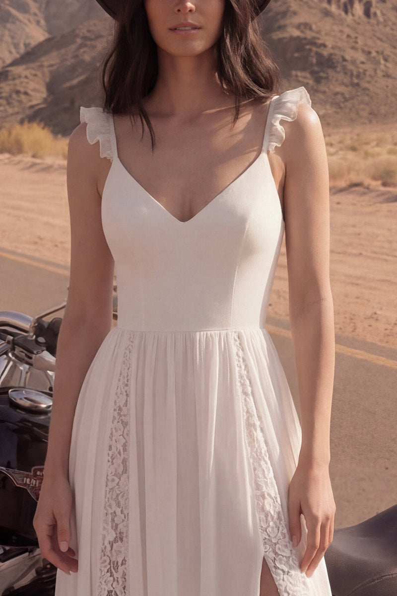 Load image into Gallery viewer, Ivory Lace A Line V-Neck Beach Bridal Dress with Slit