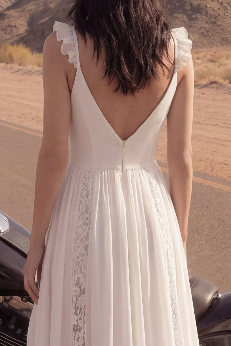Load image into Gallery viewer, Ivory Lace A Line V-Neck Beach Bridal Dress with Slit
