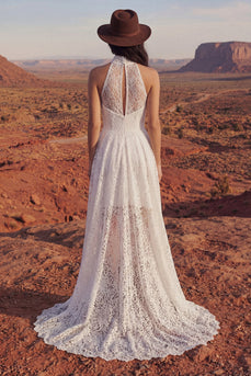 Ivory Lace A Line Floral High Low Boho Bridal Dress