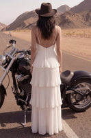 Load image into Gallery viewer, Ivory Pleated A Line Spaghetti Straps Maxi Beach Bridal Dress with Ruffles